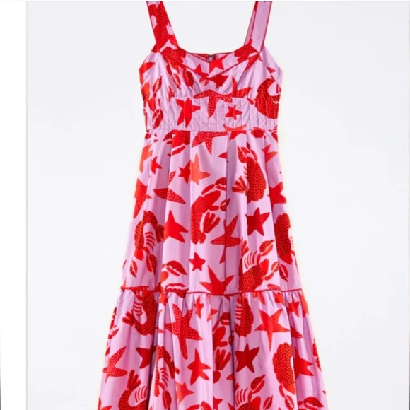 Farm Rio Lobster Midi Dress NWT Red and Pink Print Women's Dress XS